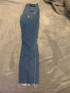 MOTHER Mid-Blue Straight Leg Jeans with Frayed Hem